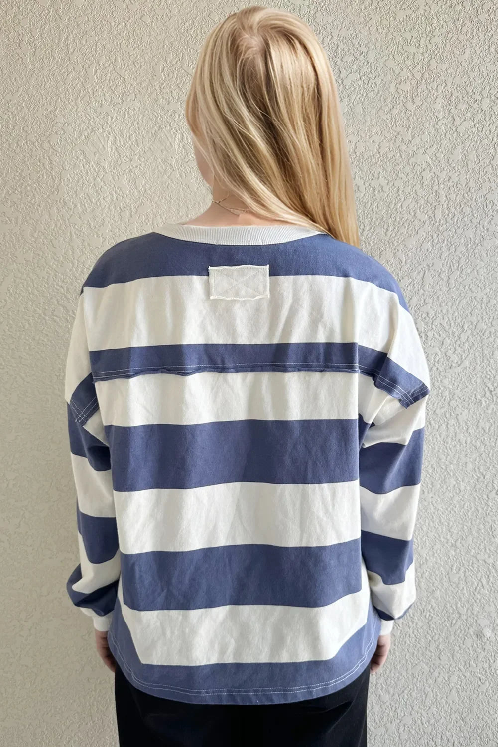 Oh Pima Cotton Wash Exposed Seam Contrast Striped Round Neck Long Sleeve T-Shirt - tif-shop24.de
