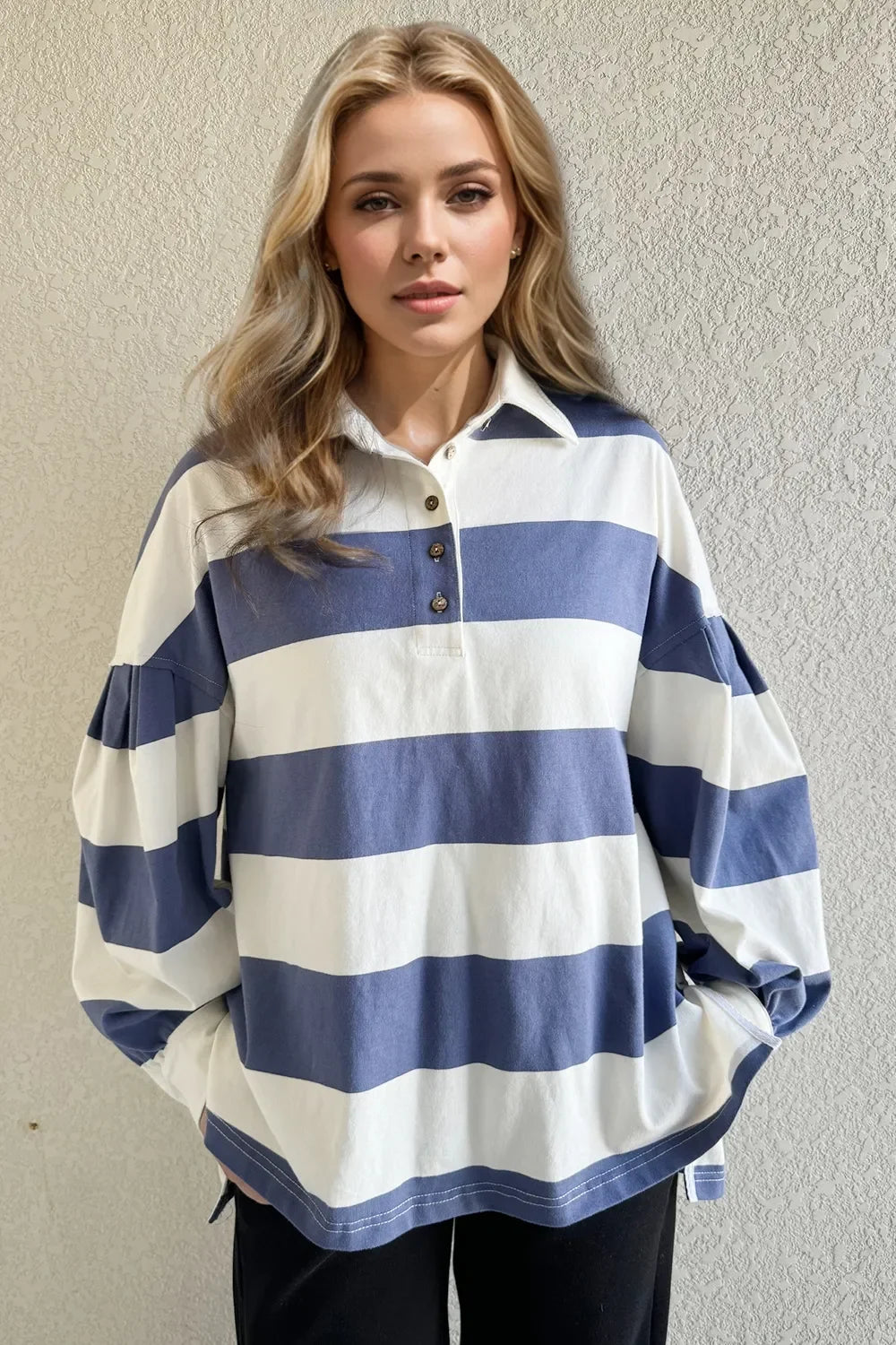 Oh Pima Cotton Wash Wide Striped Collared Neck Long Sleeve Top - tif-shop24.de