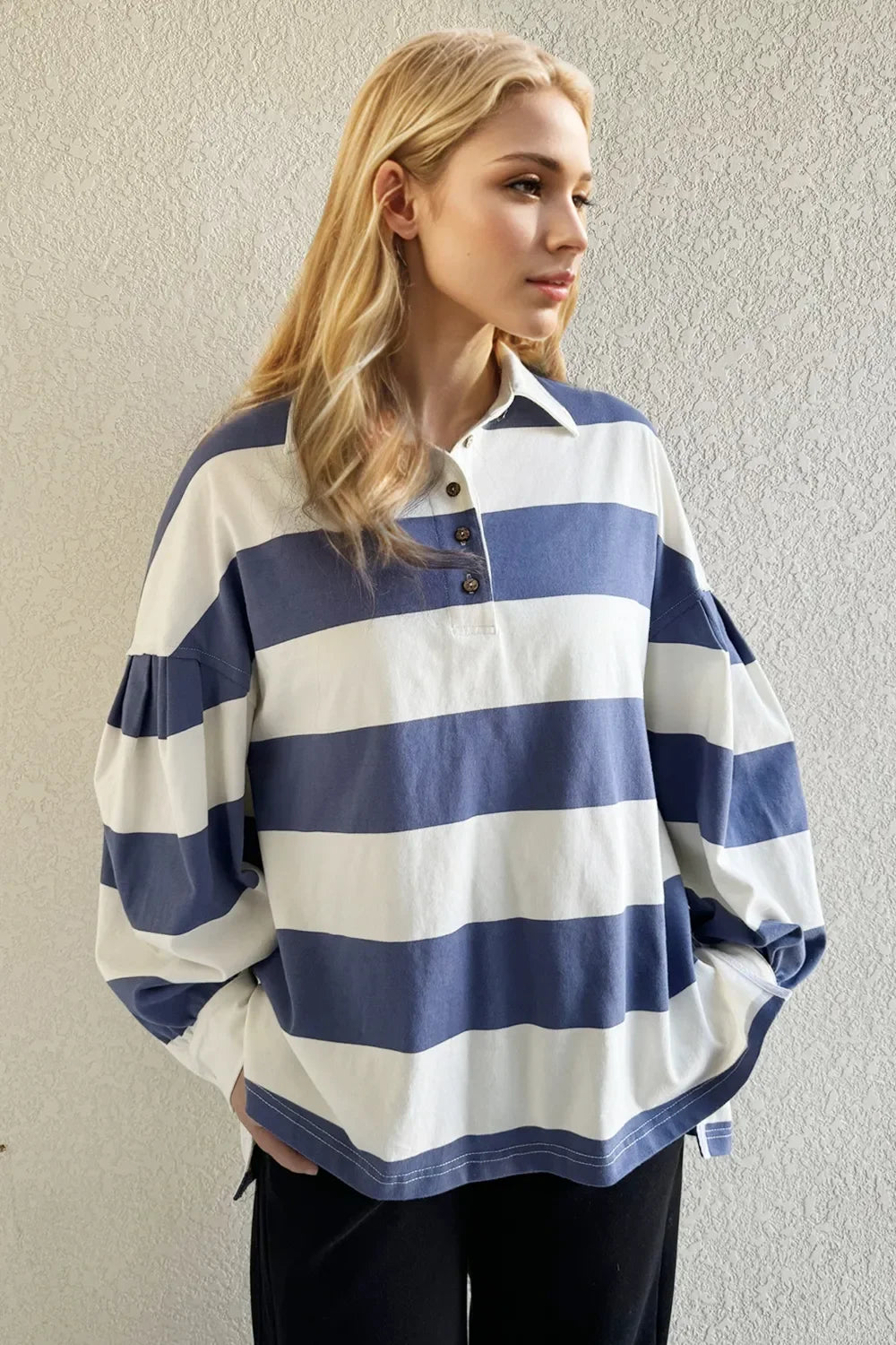 Oh Pima Cotton Wash Wide Striped Collared Neck Long Sleeve Top - tif-shop24.de