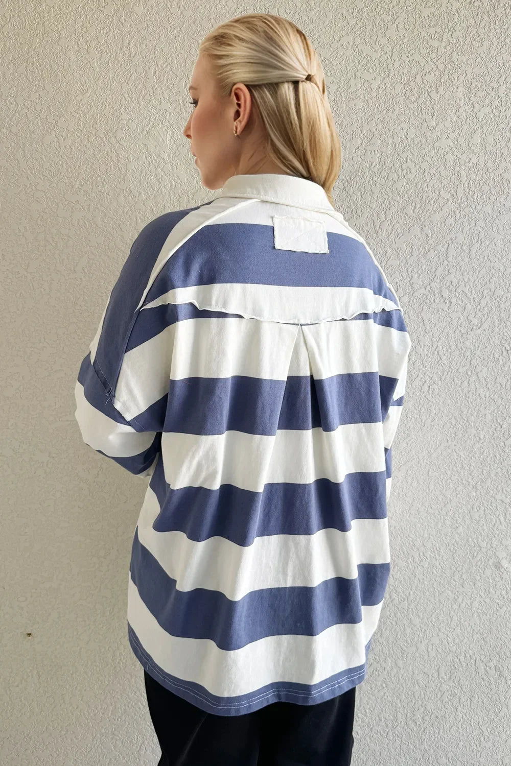 Oh Pima Cotton Wash Wide Striped Collared Neck Long Sleeve Top - tif-shop24.de