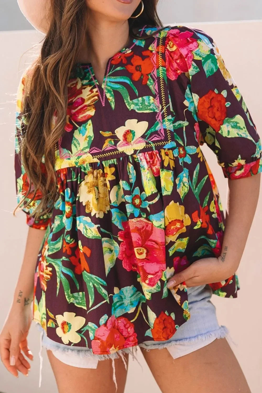 Flower Embroidered Trim Half Sleeve Blouse - tif-shop24.de