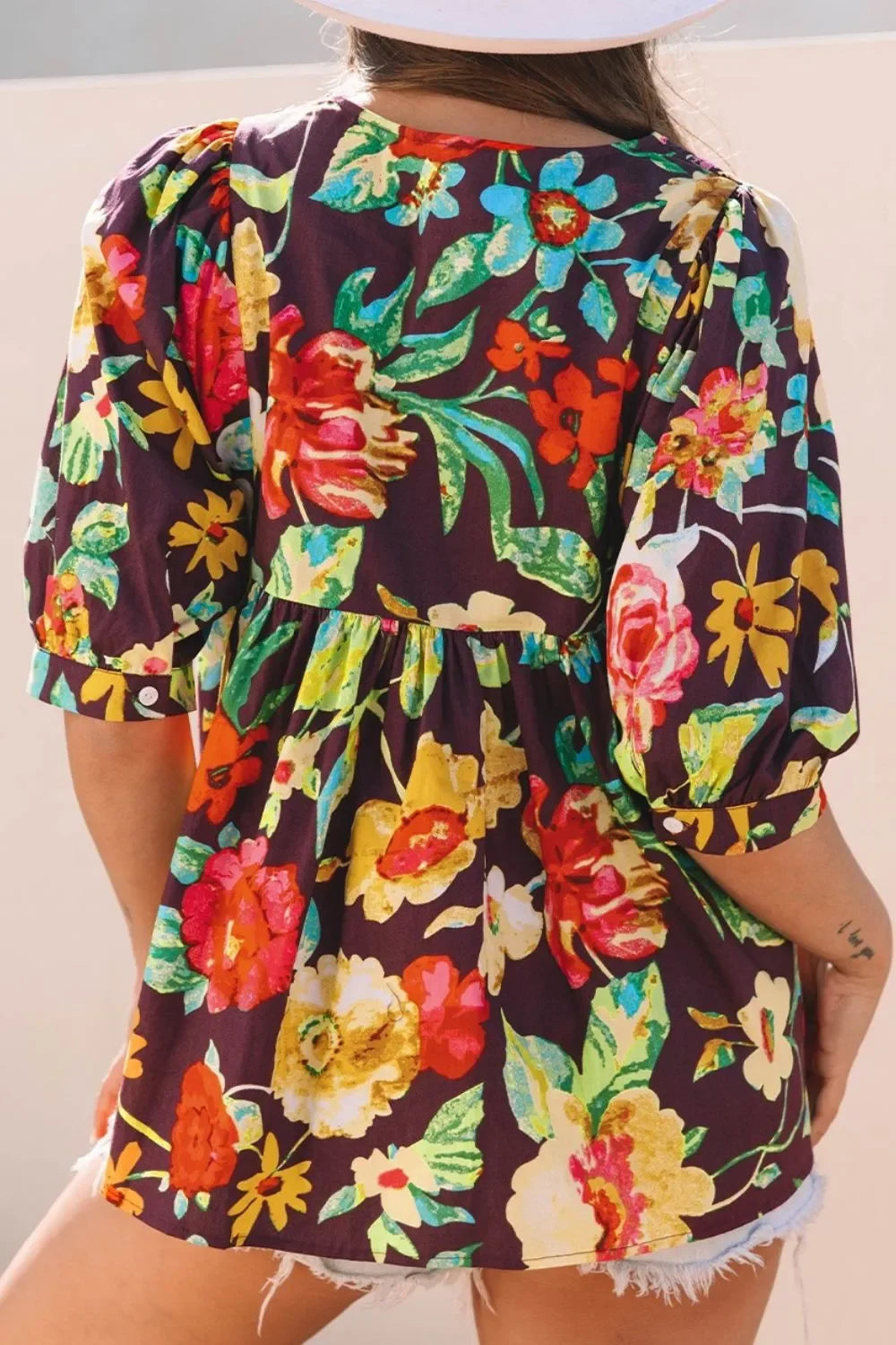 Flower Embroidered Trim Half Sleeve Blouse - tif-shop24.de