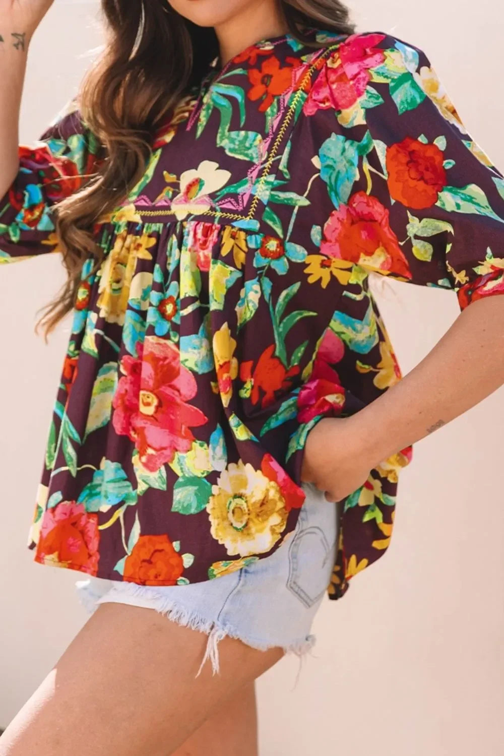 Flower Embroidered Trim Half Sleeve Blouse - tif-shop24.de