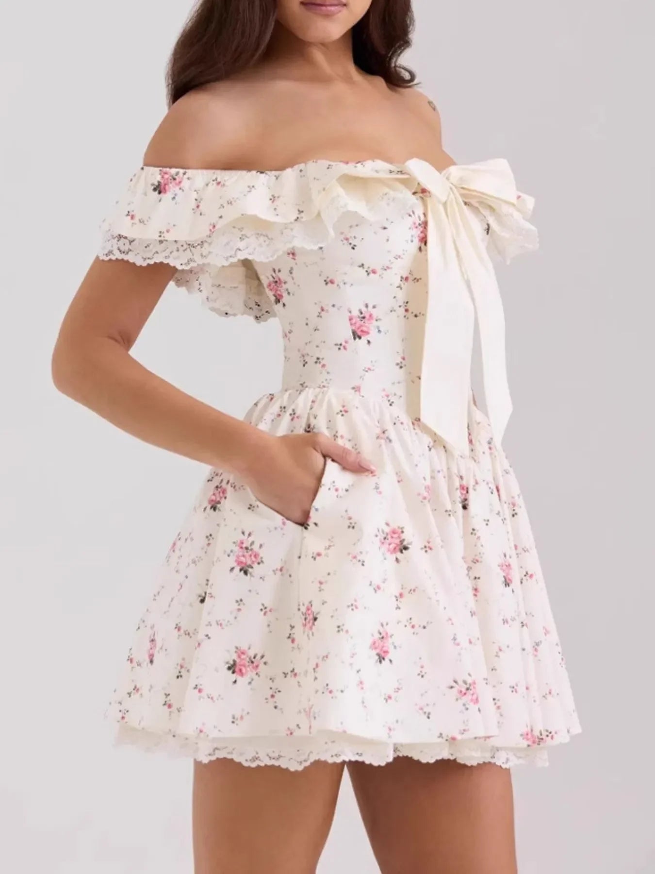 Off-Shoulder Floral Lace Trim Mini Dress - tif-shop24.de