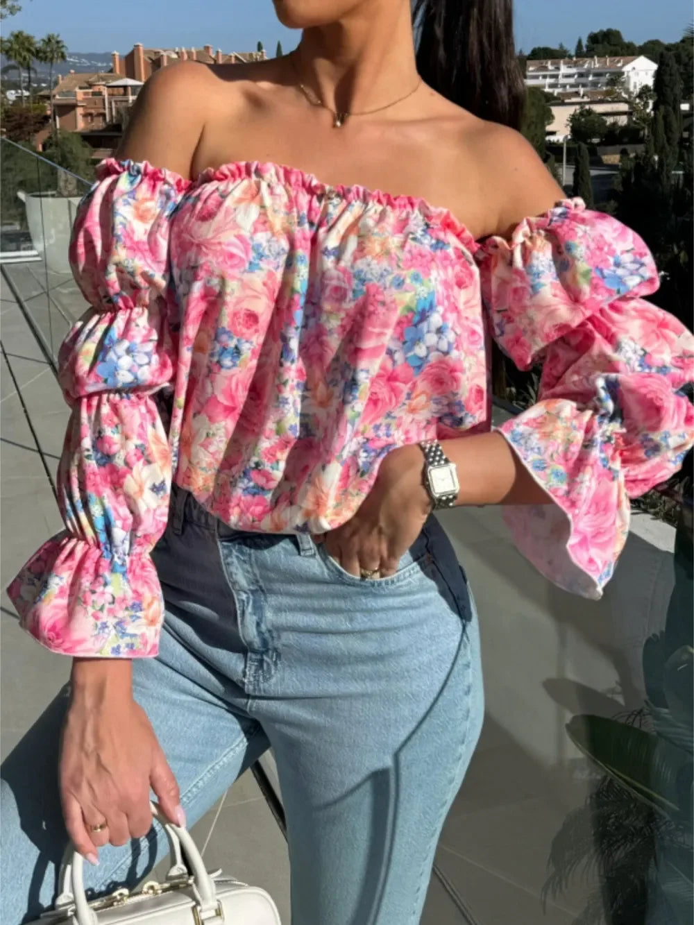 Printed Off-Shoulder Flounce Sleeve Blouse - tif-shop24.de