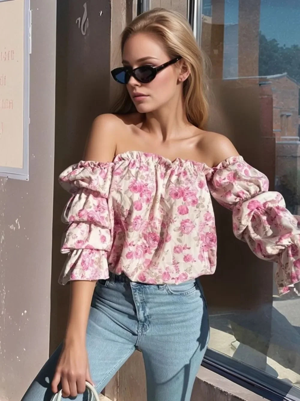 Printed Off-Shoulder Flounce Sleeve Blouse - tif-shop24.de