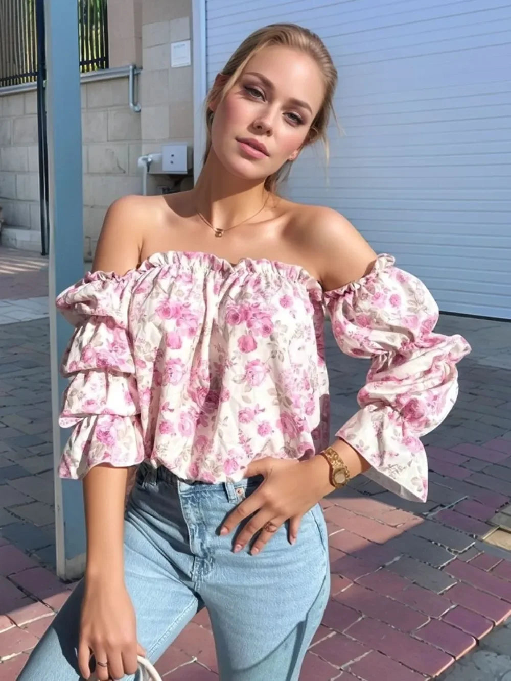 Printed Off-Shoulder Flounce Sleeve Blouse - tif-shop24.de
