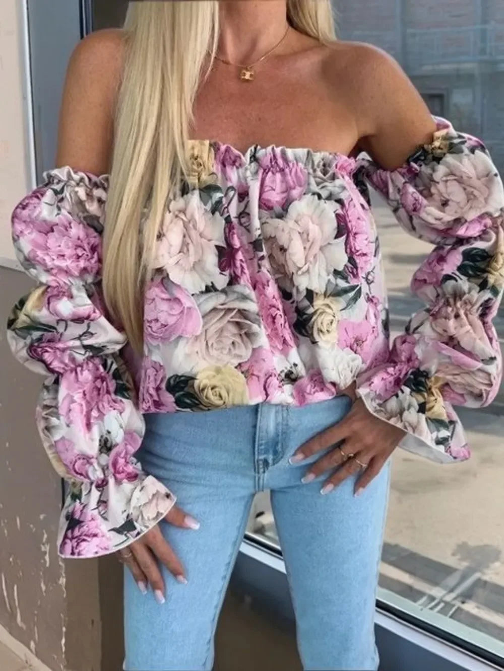 Printed Off-Shoulder Flounce Sleeve Blouse - tif-shop24.de