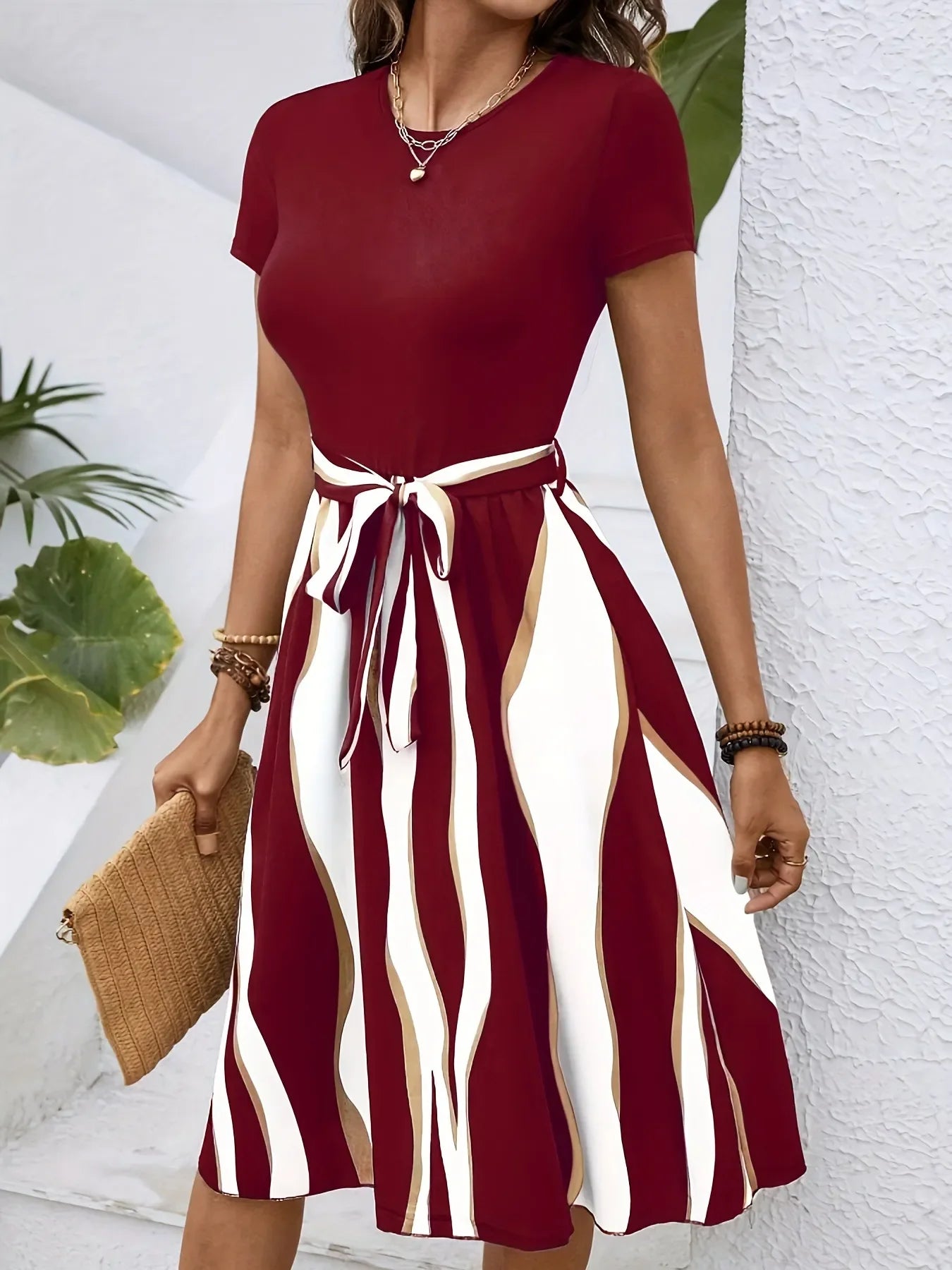 Striped Short Sleeve Tie Waist Dress - tif-shop24.de