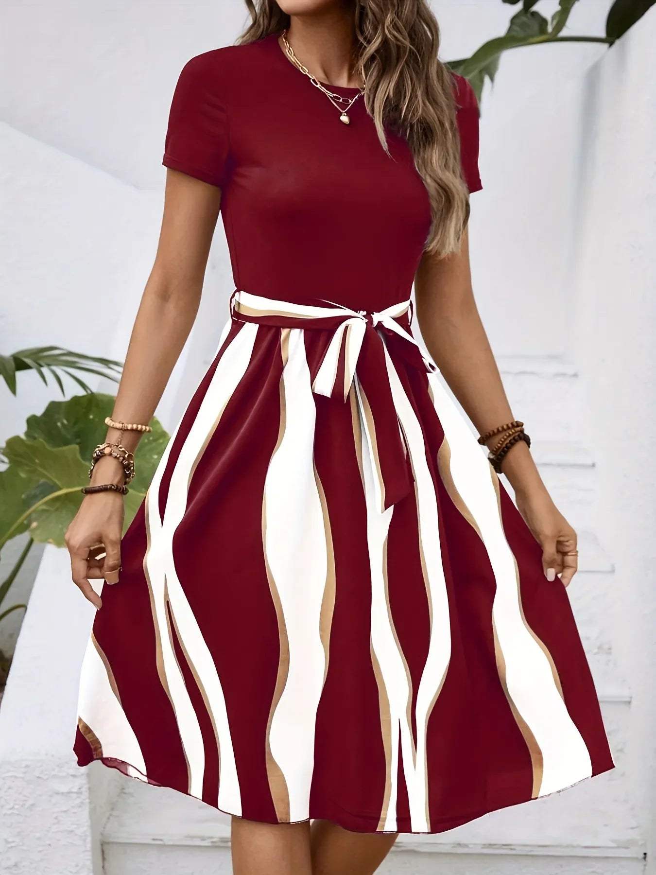 Striped Short Sleeve Tie Waist Dress - tif-shop24.de