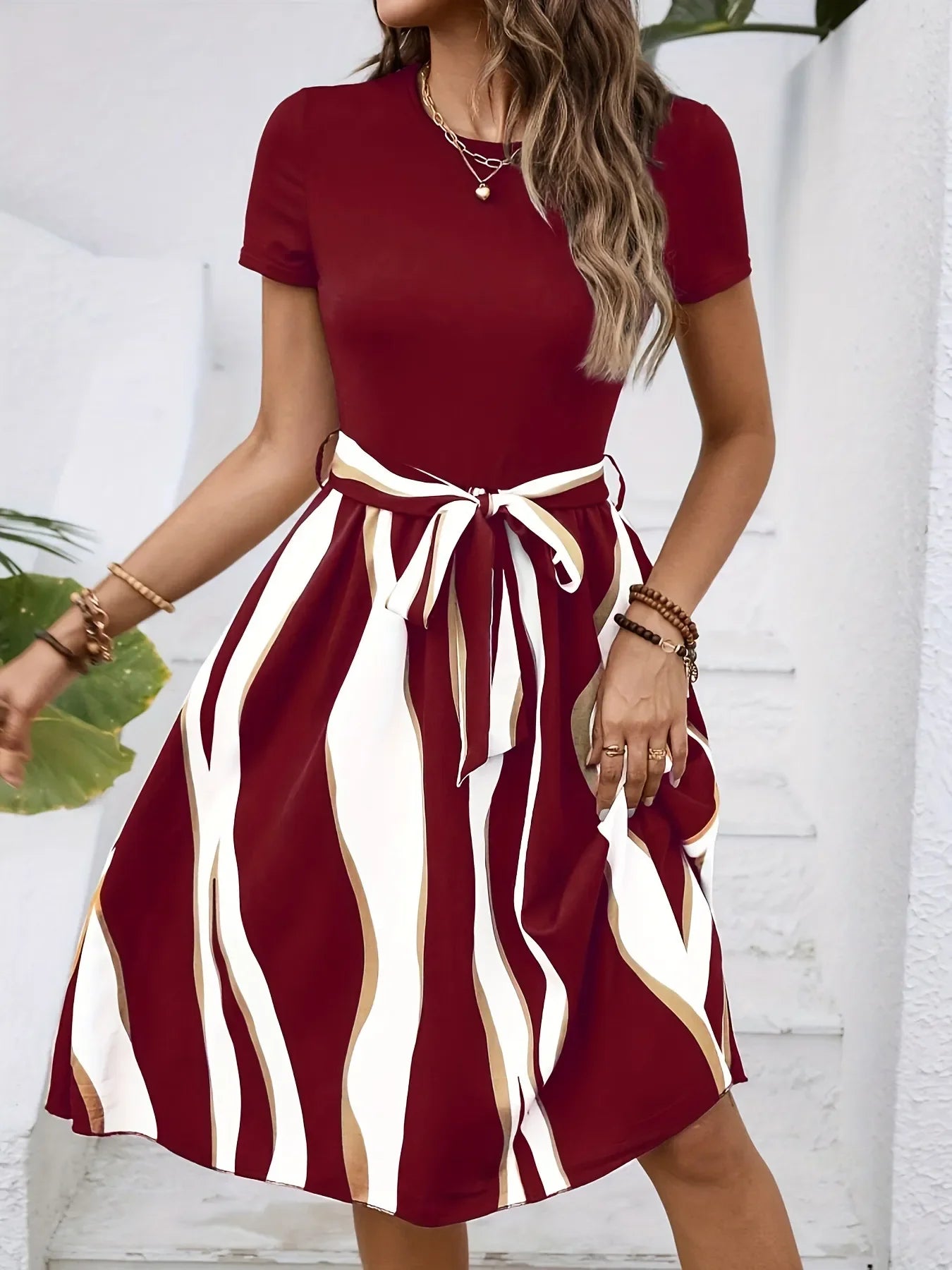 Striped Short Sleeve Tie Waist Dress - tif-shop24.de