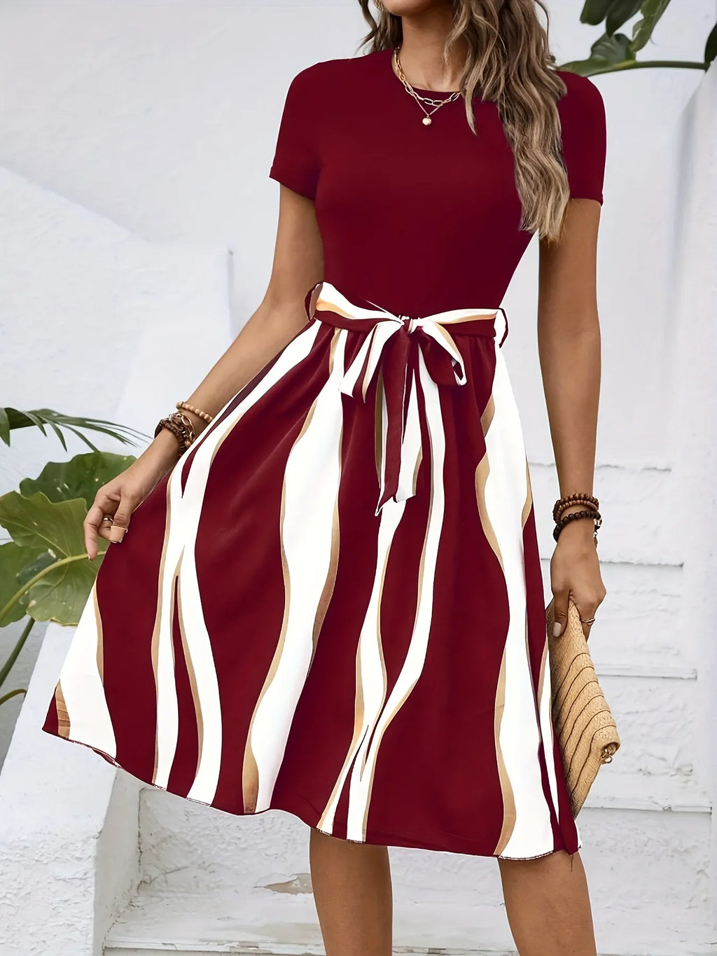 Striped Short Sleeve Tie Waist Dress - tif-shop24.de