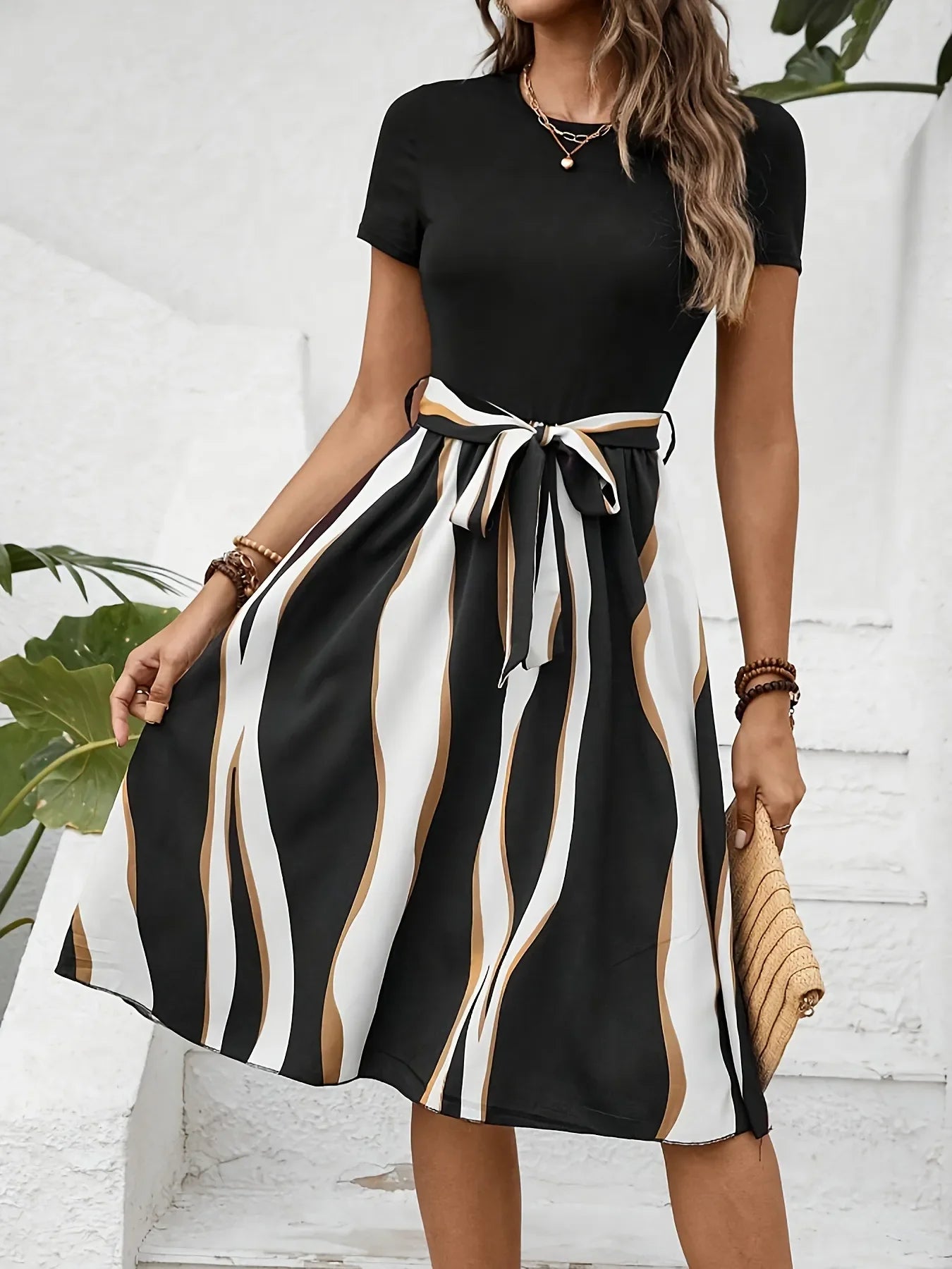 Striped Short Sleeve Tie Waist Dress - tif-shop24.de