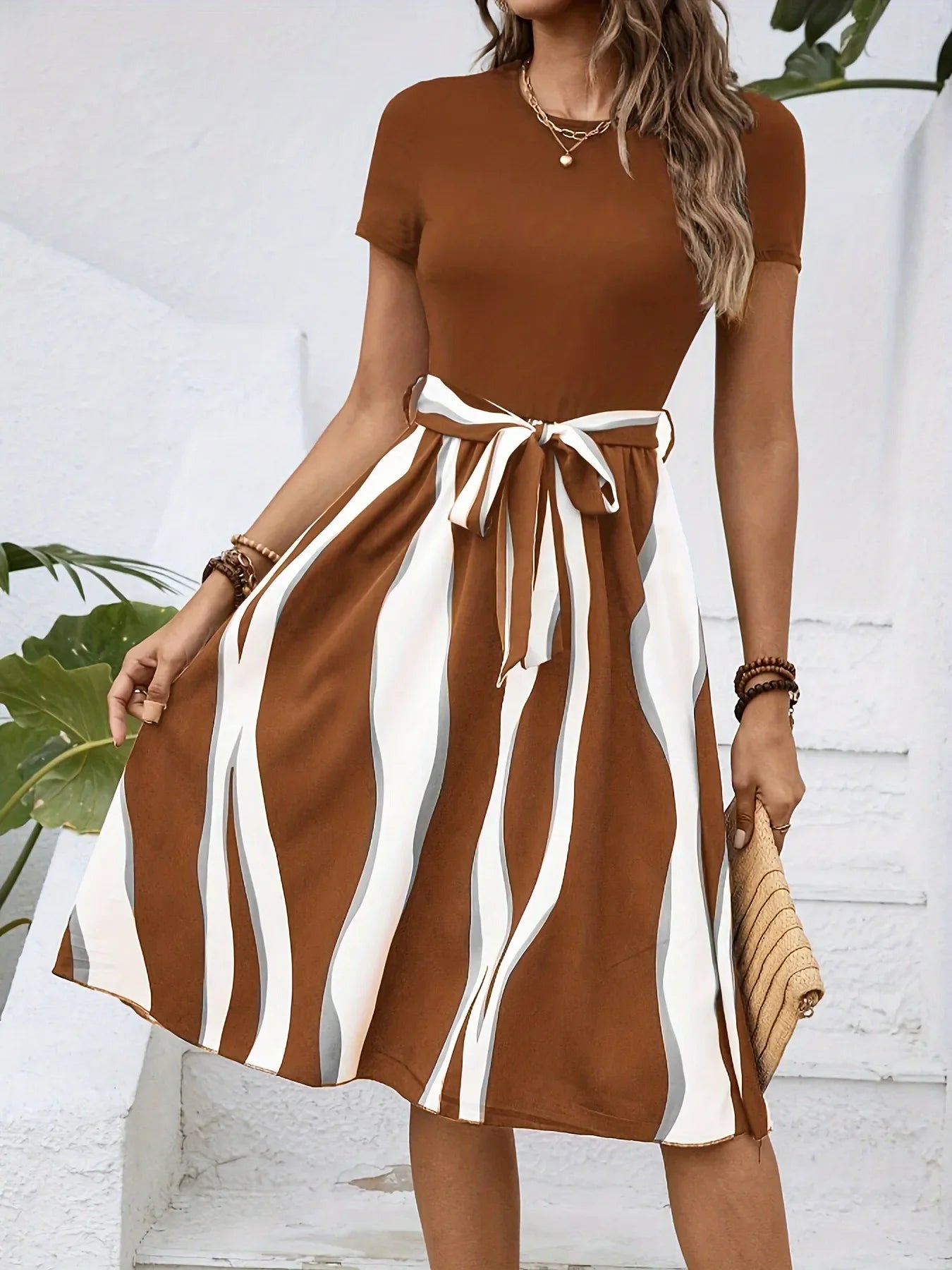 Striped Short Sleeve Tie Waist Dress - tif-shop24.de