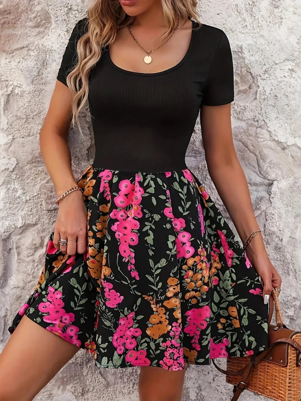 Floral Print Short Sleeve Mini Dress - tif-shop24.de