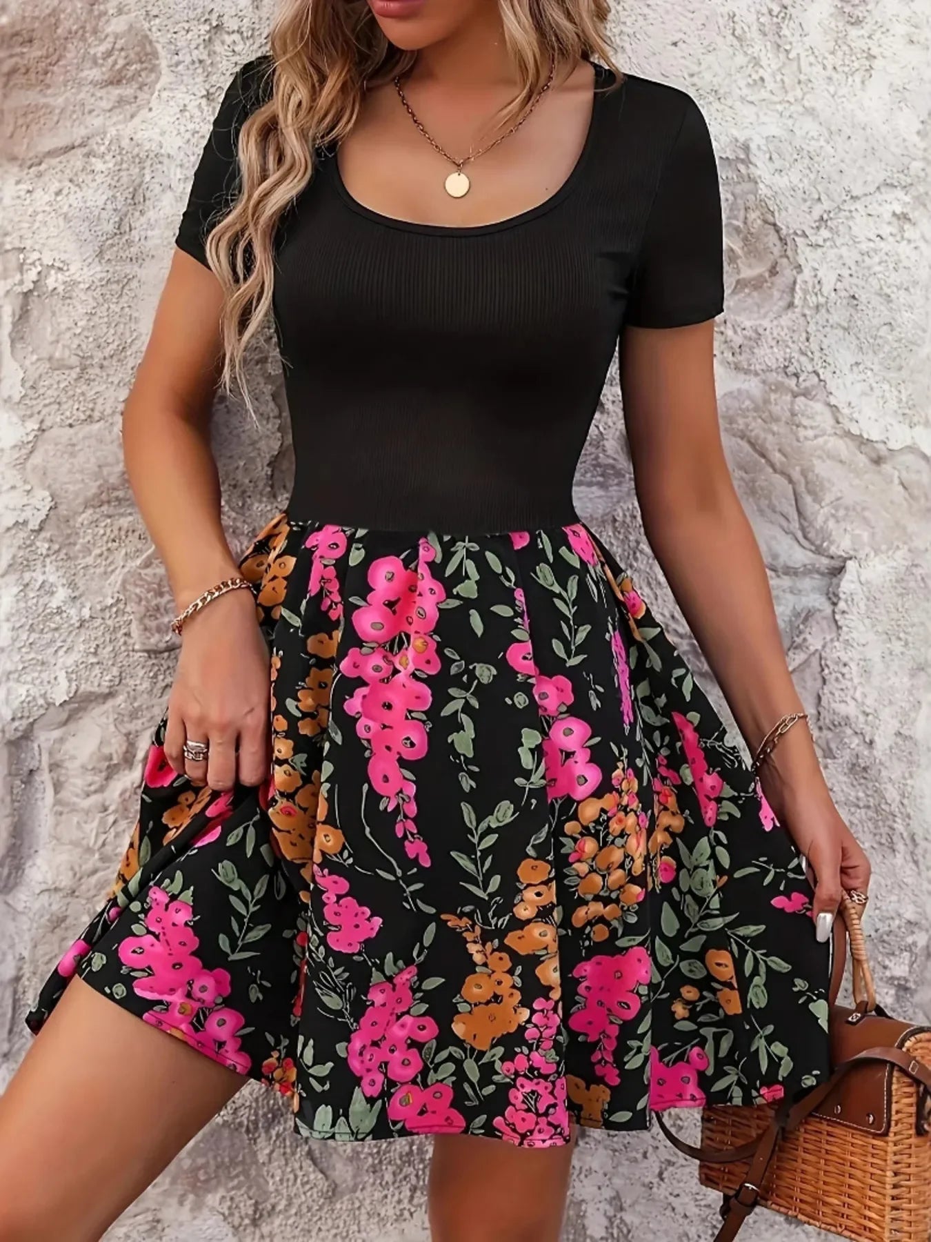 Floral Print Short Sleeve Mini Dress - tif-shop24.de