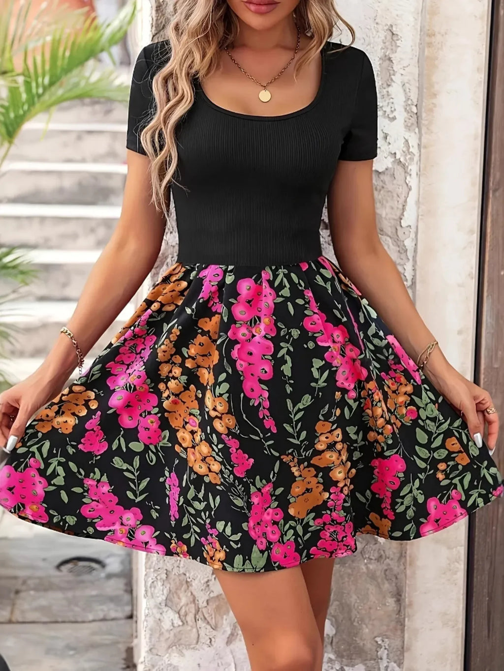 Floral Print Short Sleeve Mini Dress - tif-shop24.de