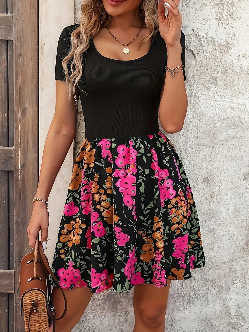 Floral Print Short Sleeve Mini Dress - tif-shop24.de