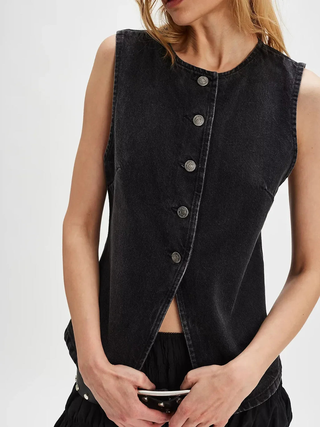 Button Down Round Neck Denim Vest - tif-shop24.de