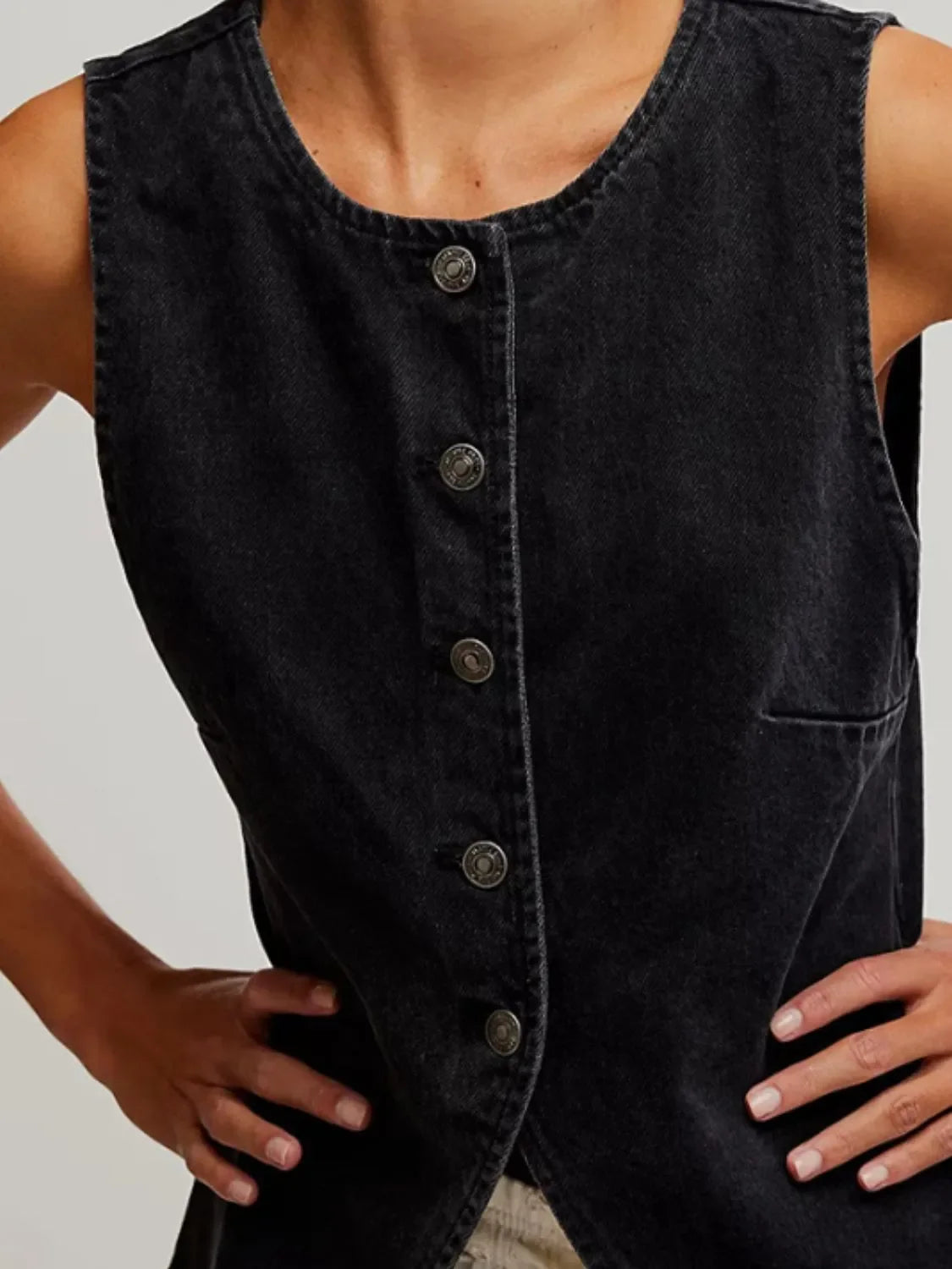 Button Down Round Neck Denim Vest - tif-shop24.de