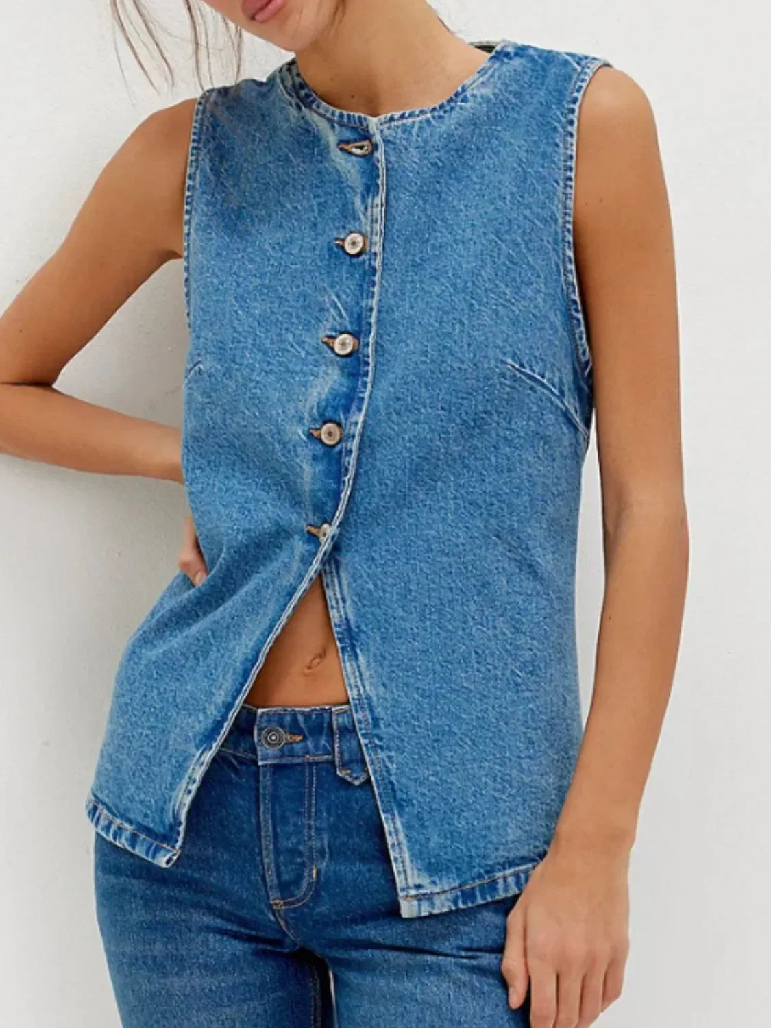 Button Down Round Neck Denim Vest - tif-shop24.de