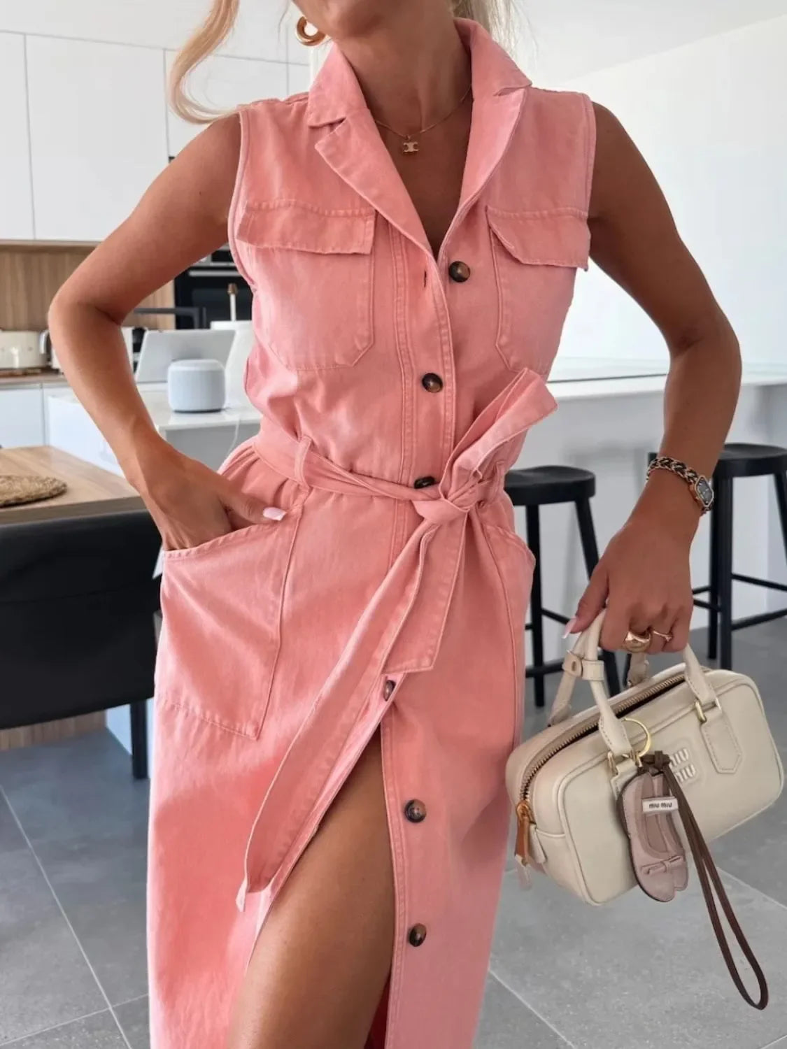 Button Front Sleeveless Denim Dress - tif-shop24.de