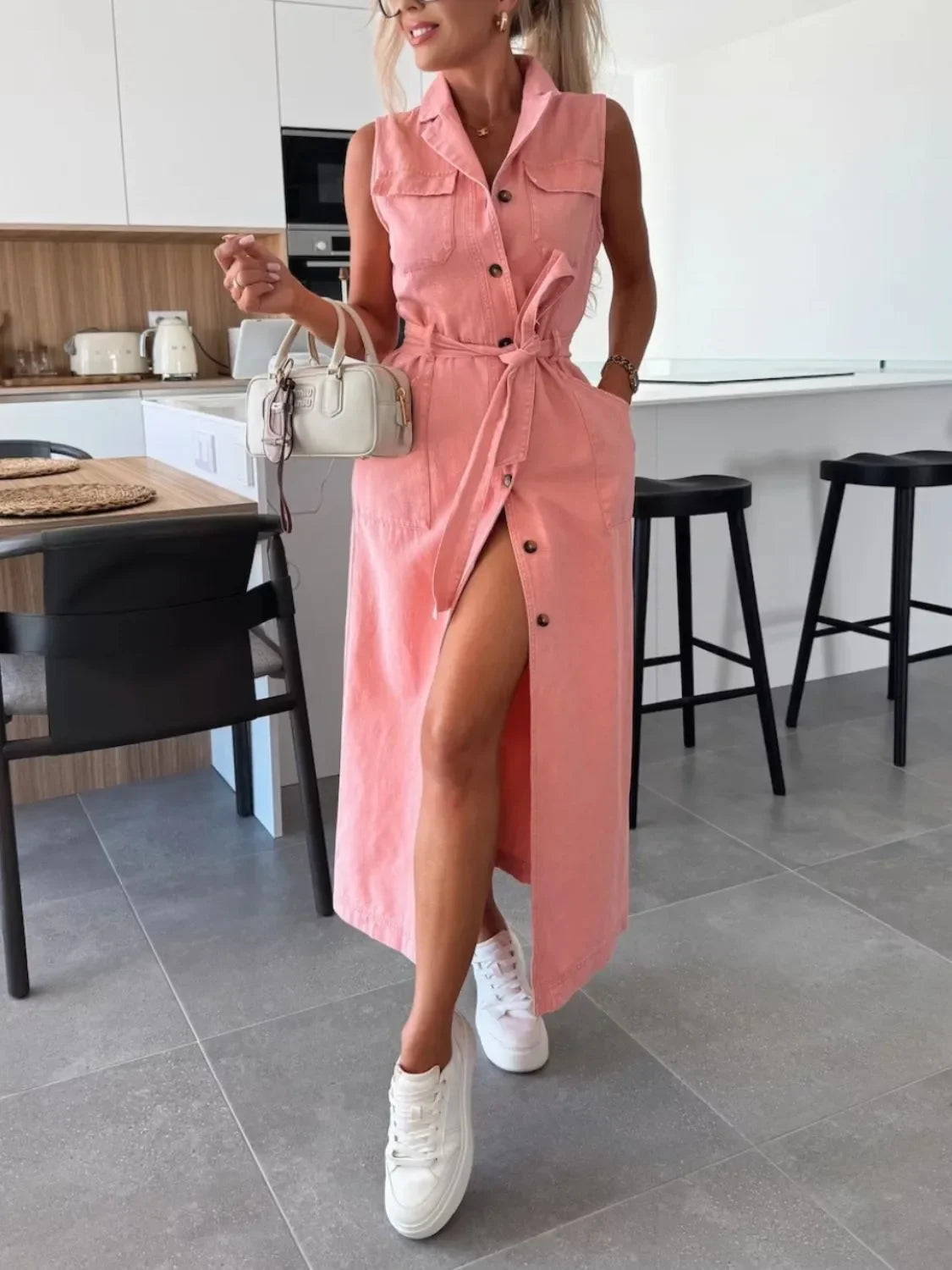 Button Front Sleeveless Denim Dress - tif-shop24.de