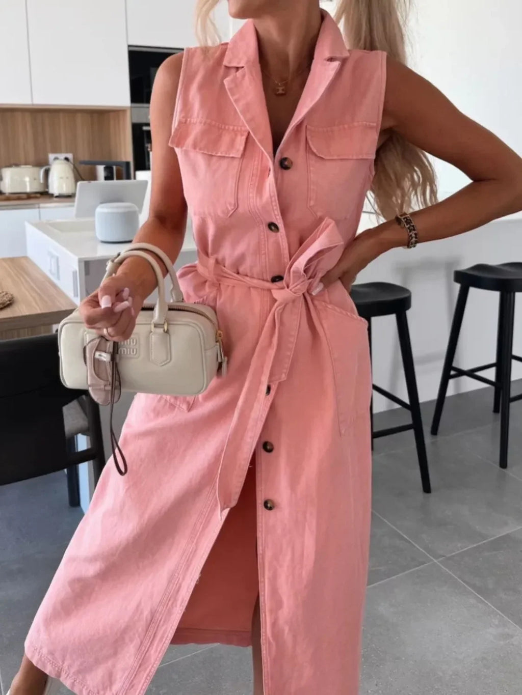 Button Front Sleeveless Denim Dress - tif-shop24.de