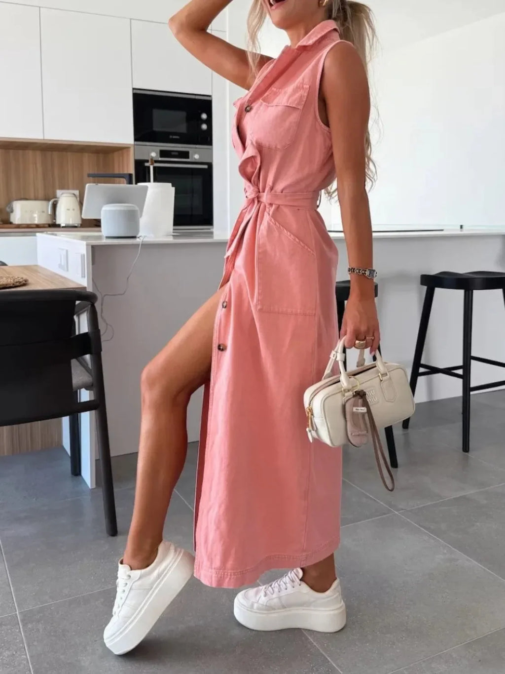 Button Front Sleeveless Denim Dress - tif-shop24.de