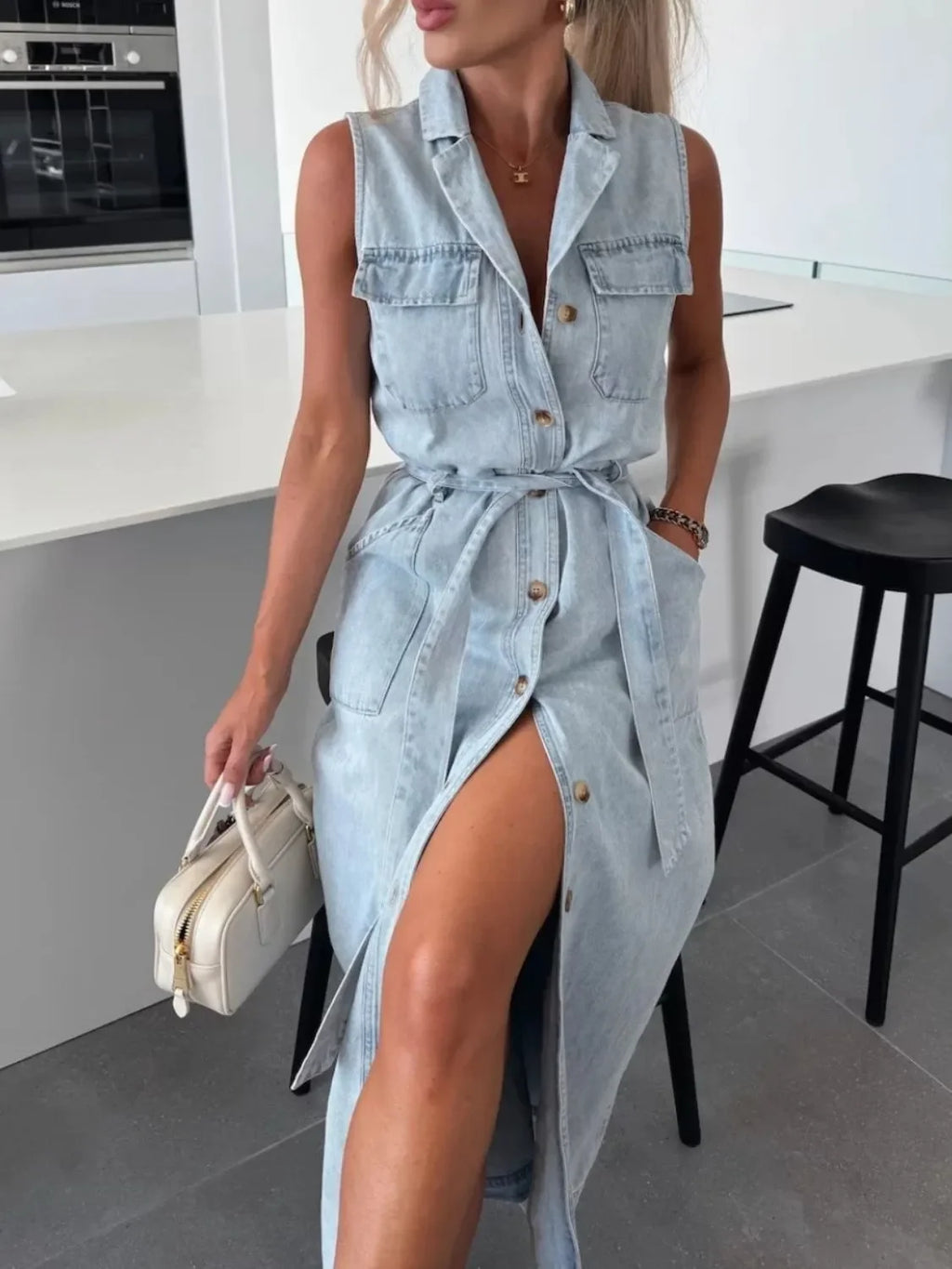 Button Front Sleeveless Denim Dress - tif-shop24.de