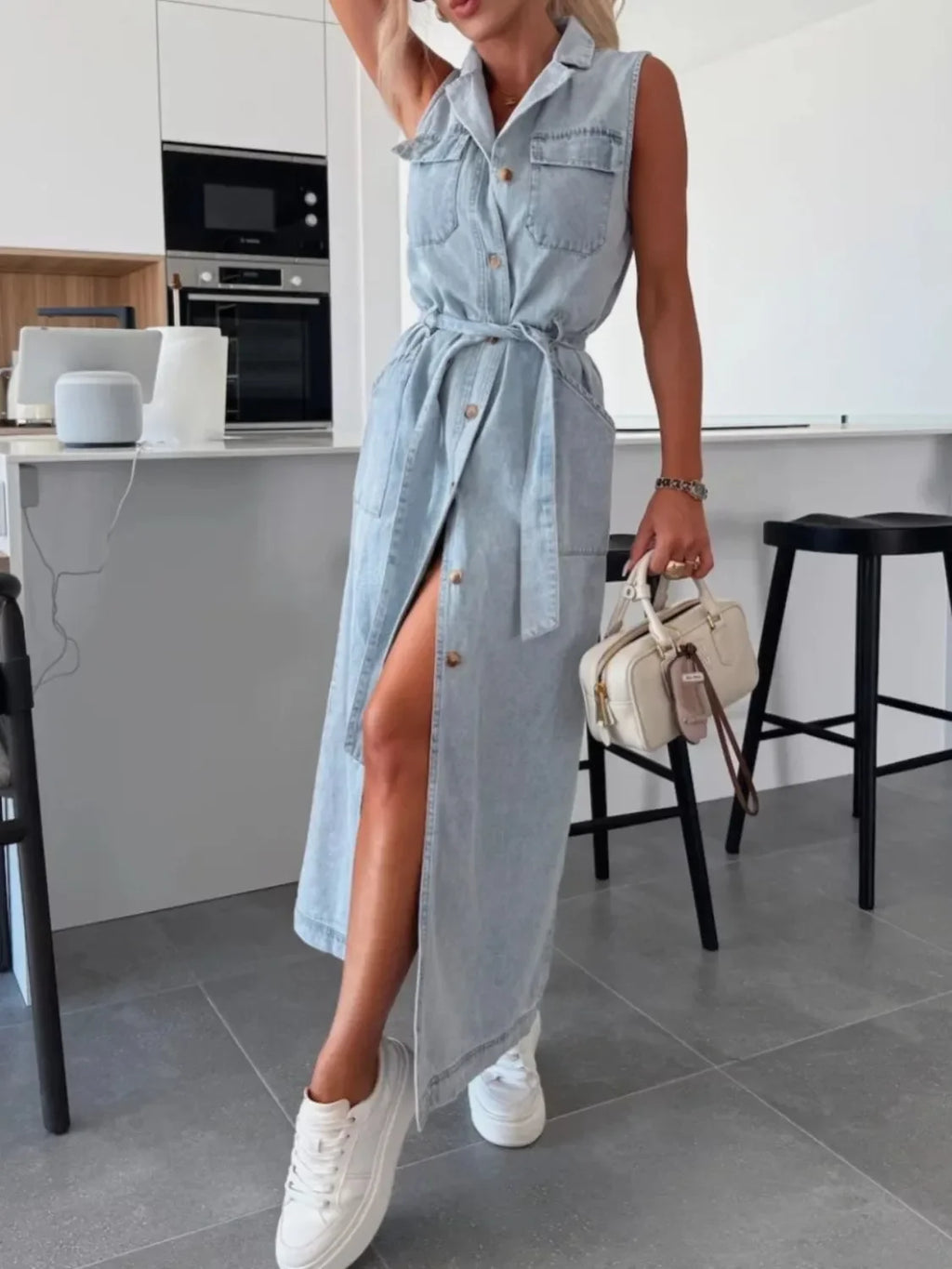Button Front Sleeveless Denim Dress - tif-shop24.de