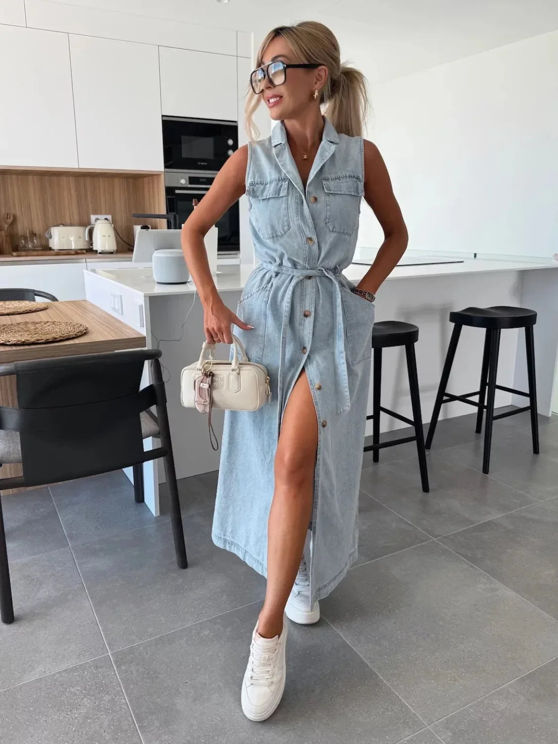 Button Front Sleeveless Denim Dress - tif-shop24.de