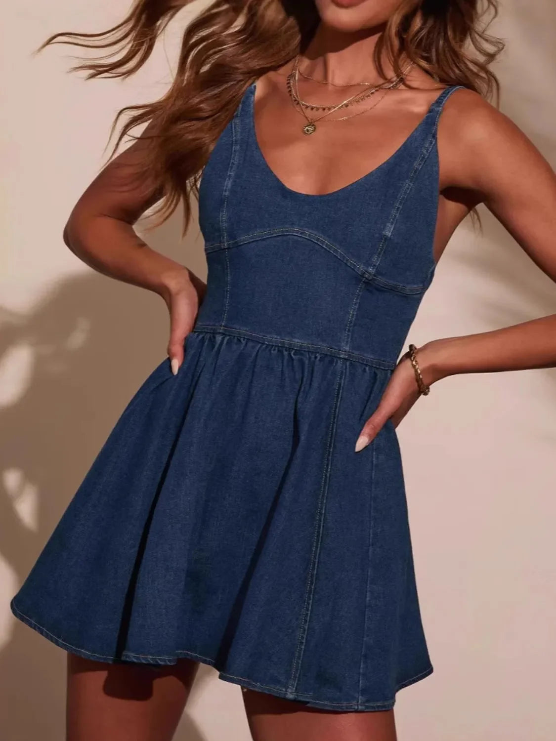 Smocked Back Adjustable Strap Denim Mini Dress - tif-shop24.de