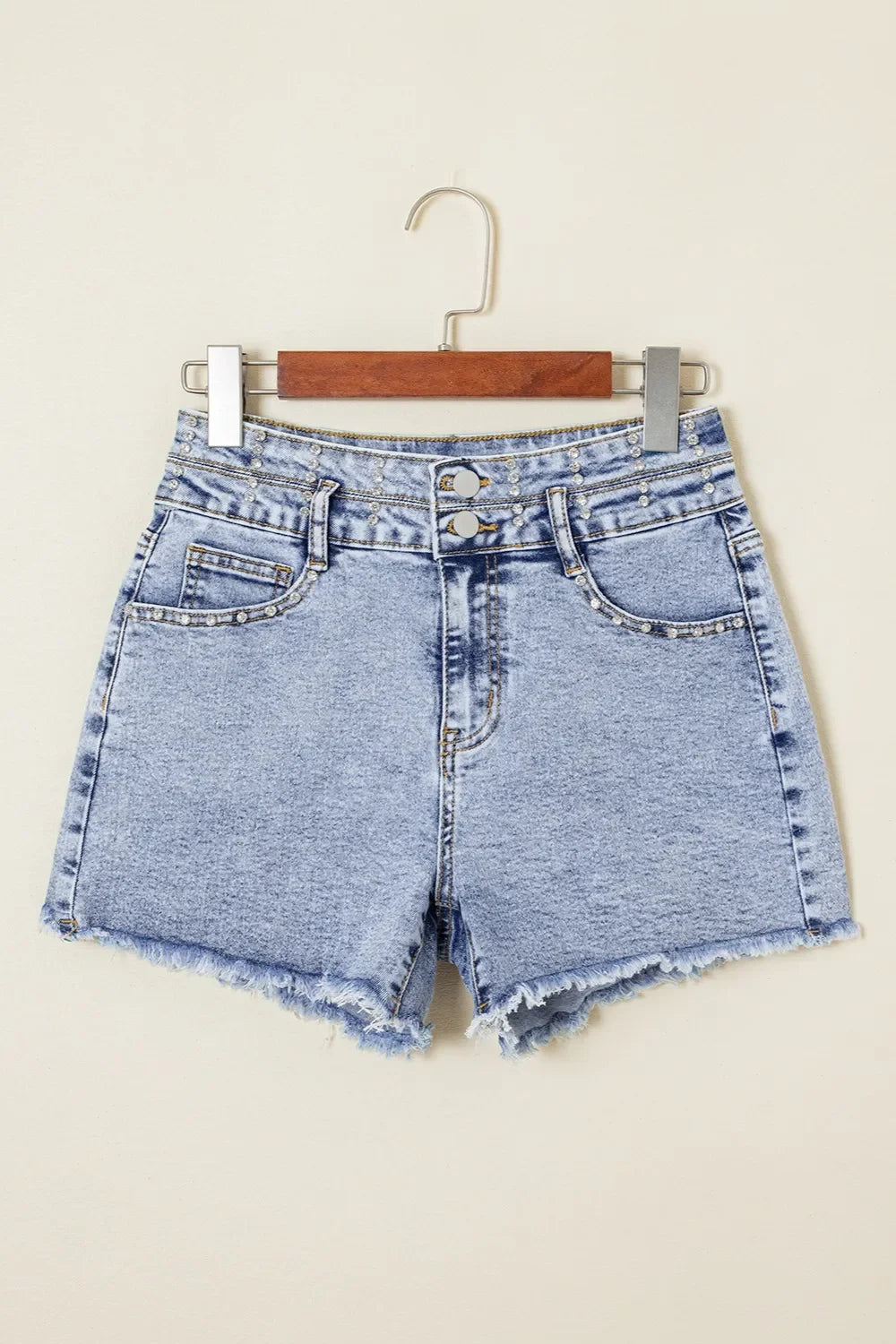 Rhinestone Light Wash Raw Hem High Waist Denim Shorts - tif-shop24.de