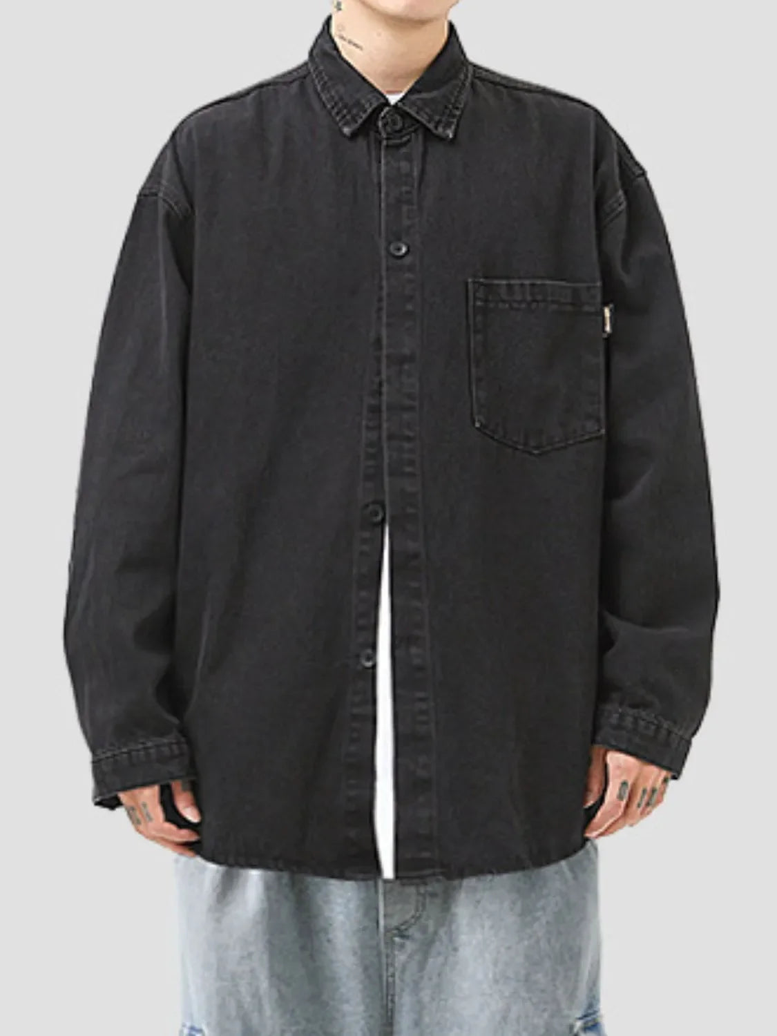 Men's Plus Size Collared Neck Long Sleeve Denim Shirt - tif-shop24.de