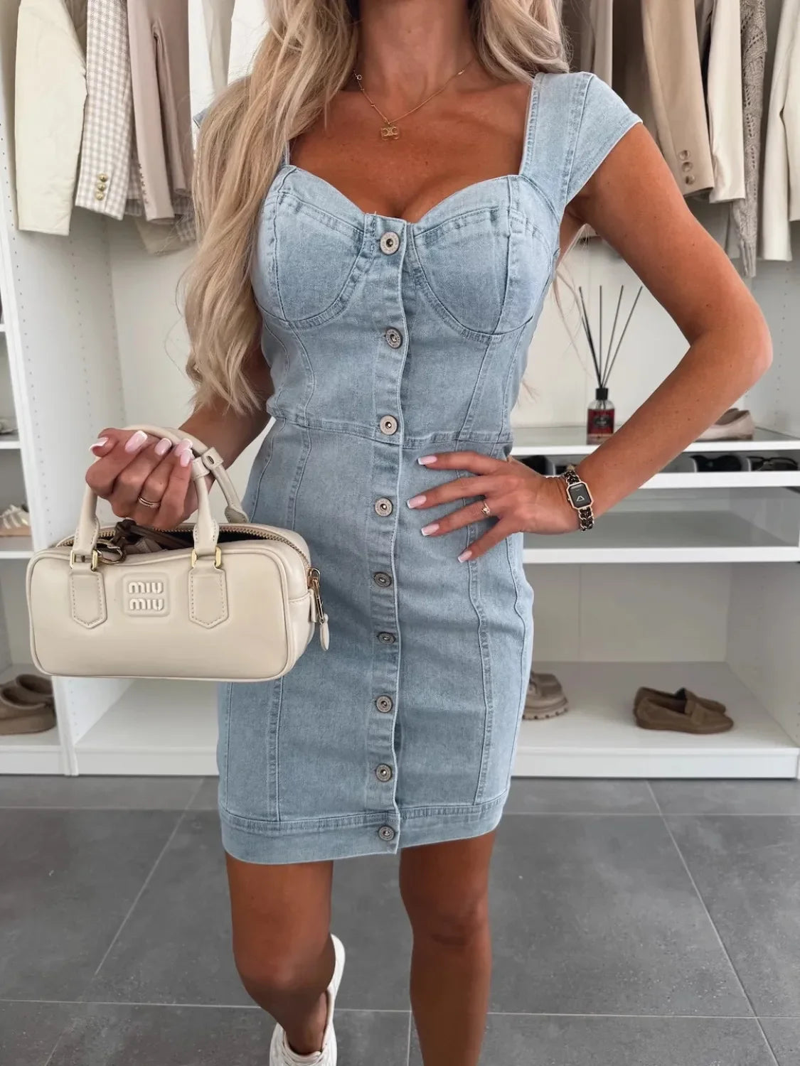 Sweetheart Neck Cap Sleeve Denim Dress - tif-shop24.de