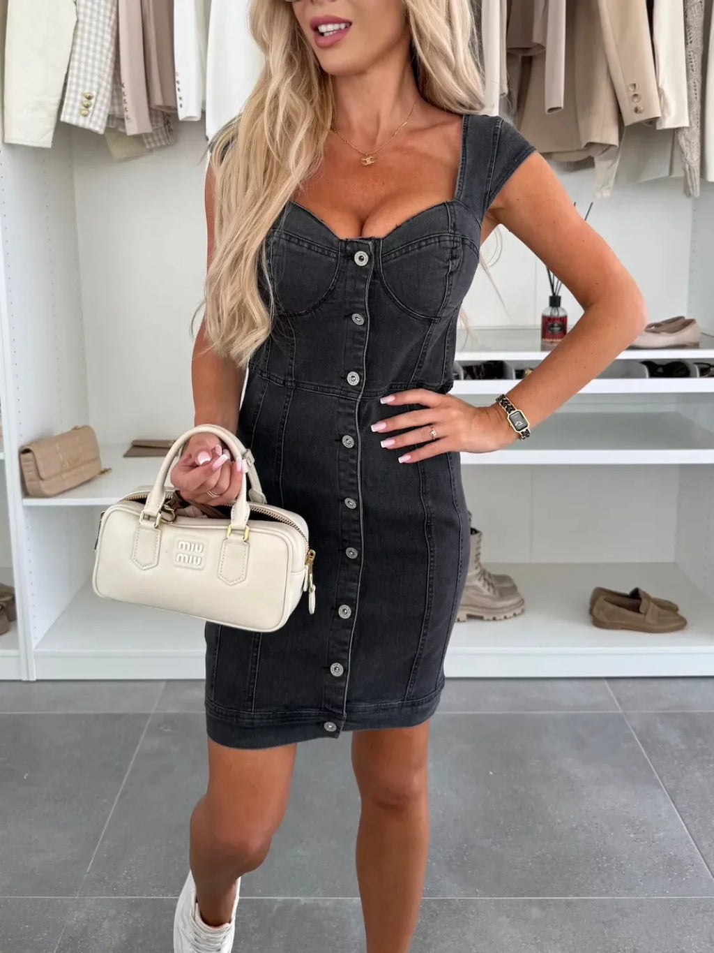 Sweetheart Neck Cap Sleeve Denim Dress - tif-shop24.de