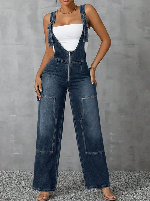 Zip Front Wide Strap Denim Overalls - tif-shop24.de