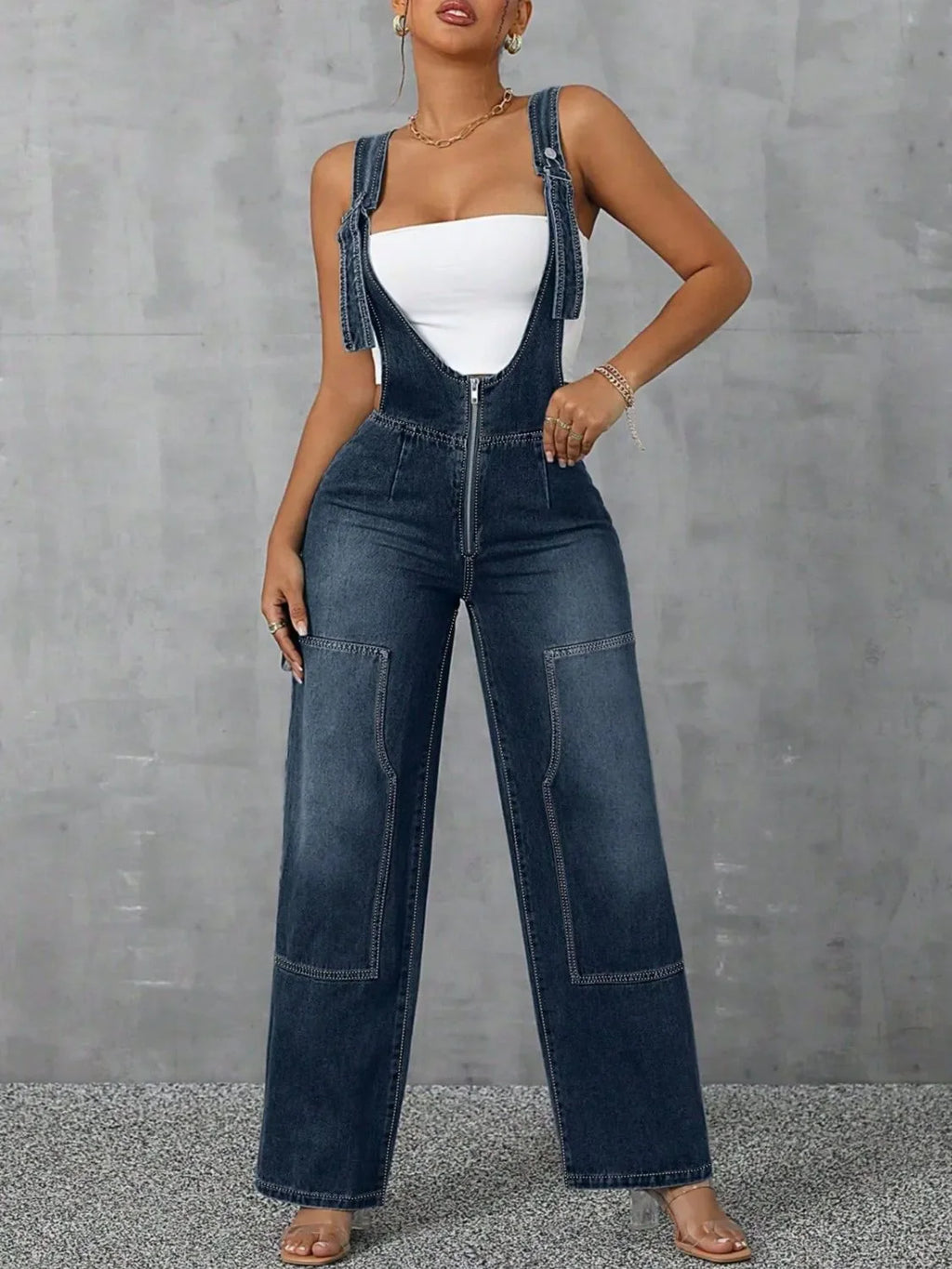 Zip Front Wide Strap Denim Overalls - tif-shop24.de
