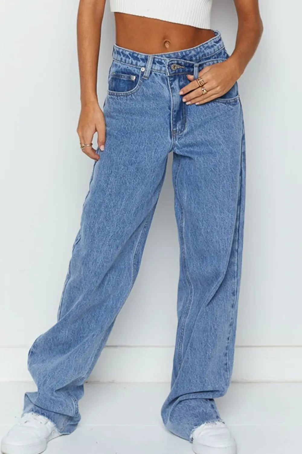 Mid Rise Asymmetrical Waist Wide Leg Jeans - tif-shop24.de