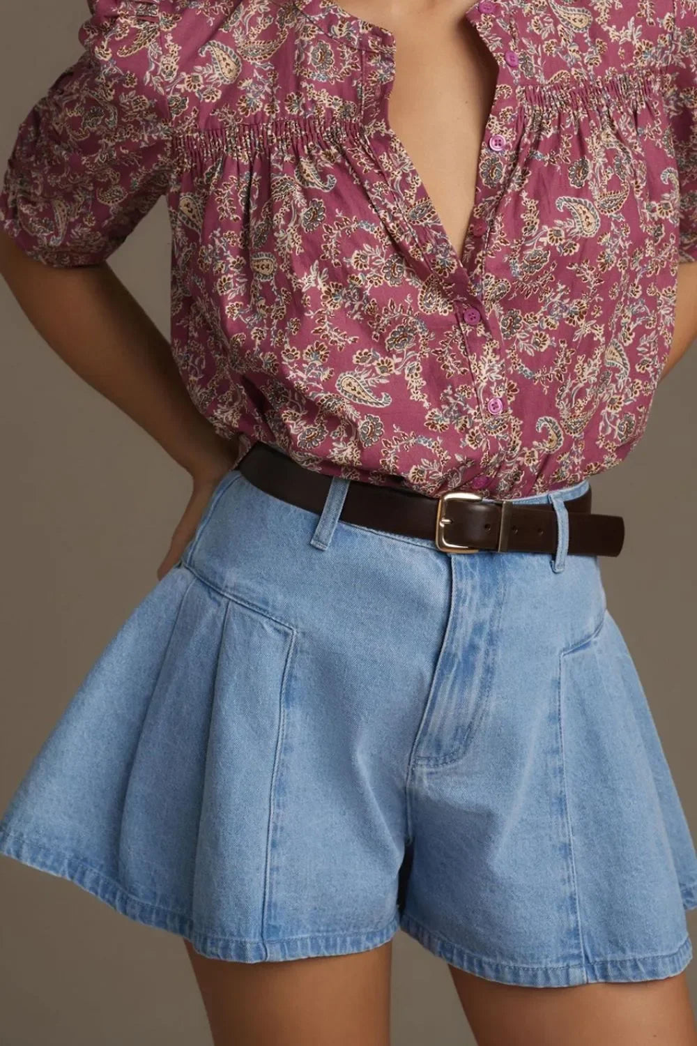 Pleated Patchwork Panel Lightweight Denim Shorts - tif-shop24.de