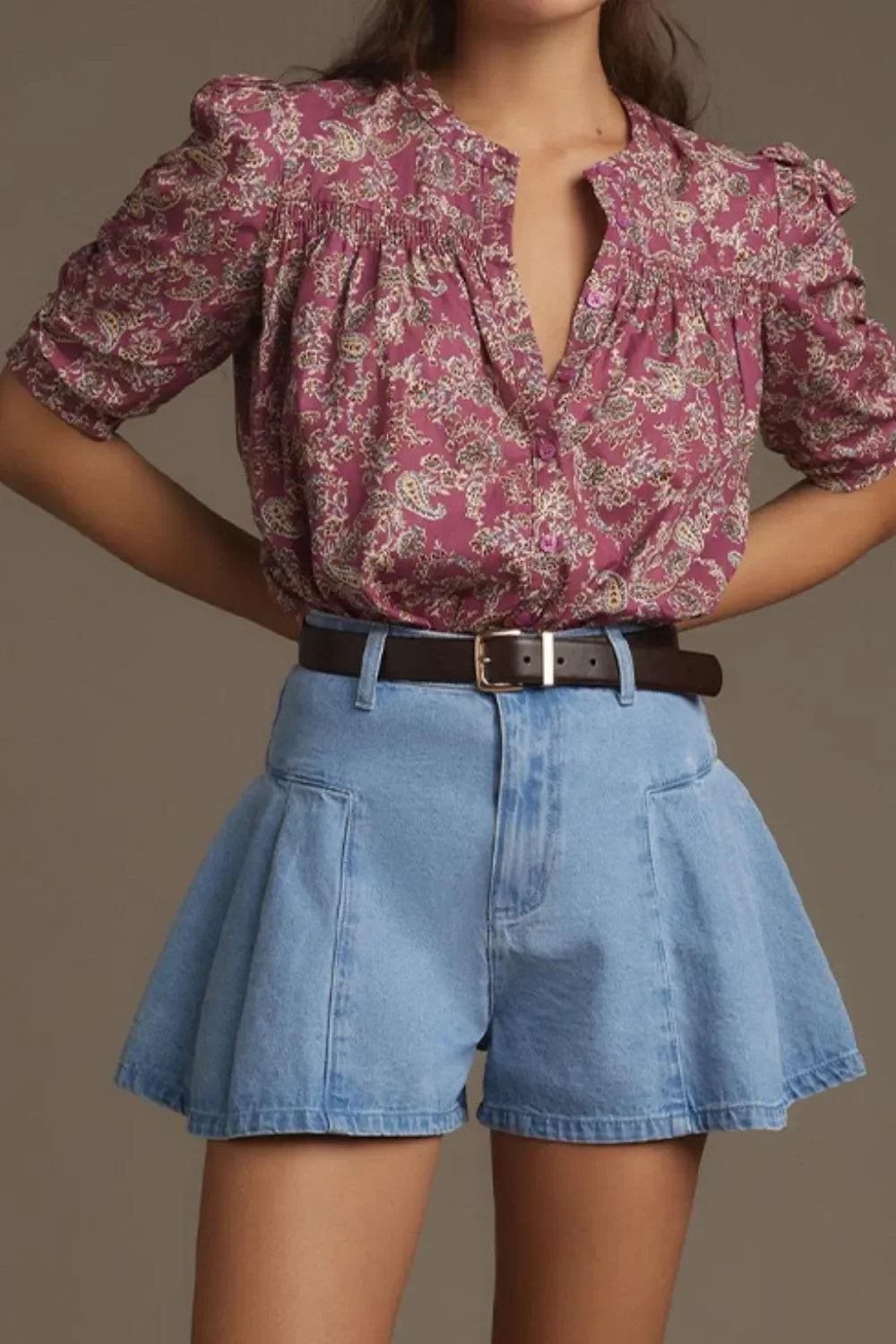 Pleated Patchwork Panel Lightweight Denim Shorts - tif-shop24.de