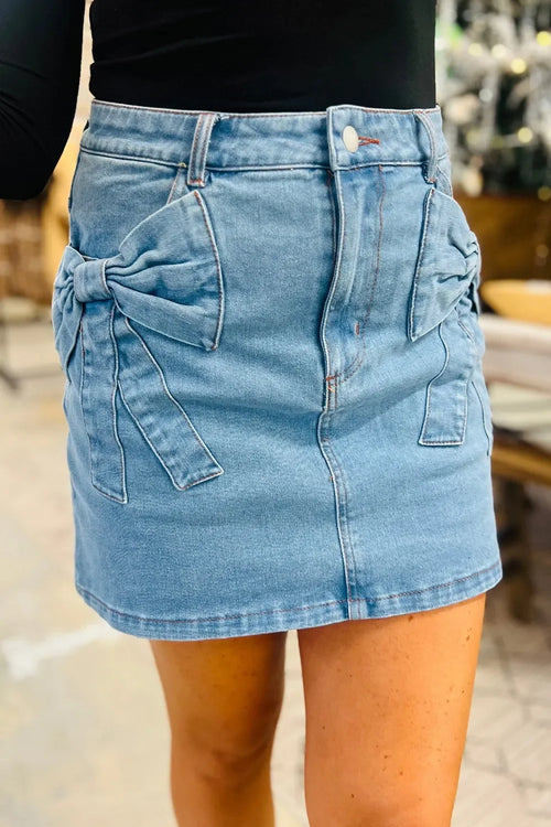 Acid Wash Bowknot Details High Waist Denim Skirt - tif-shop24.de