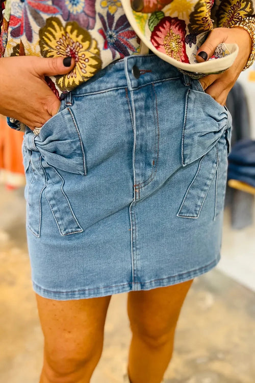 Acid Wash Bowknot Details High Waist Denim Skirt - tif-shop24.de