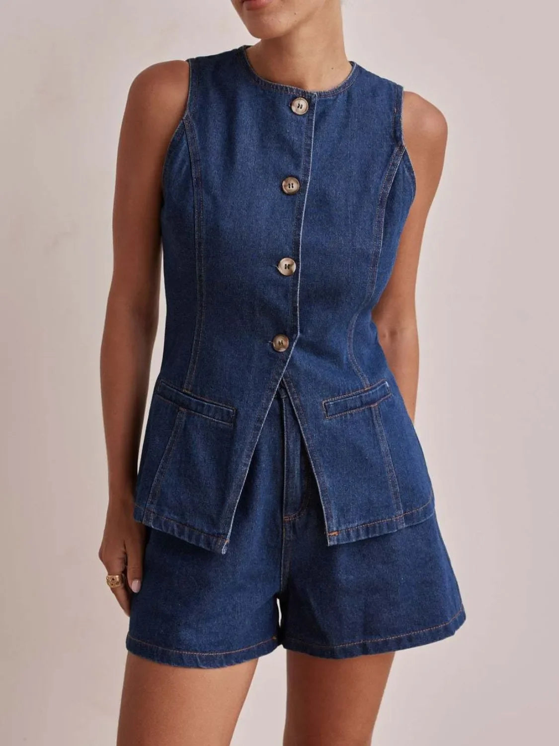 Button Down Vest and Shorts Denim Set - tif-shop24.de