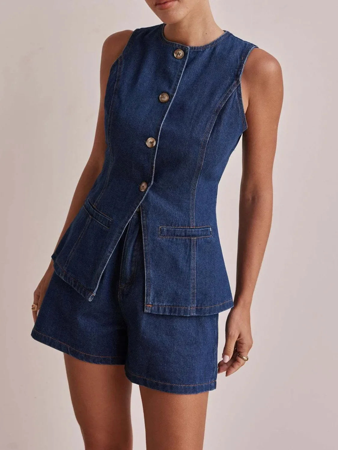Button Down Vest and Shorts Denim Set - tif-shop24.de