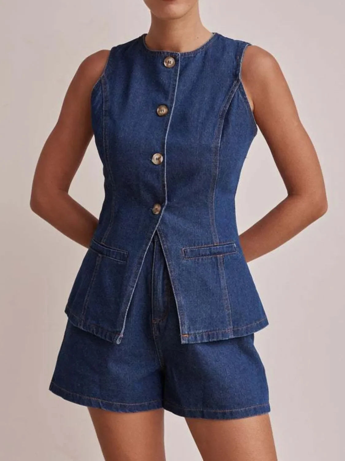 Button Down Vest and Shorts Denim Set - tif-shop24.de