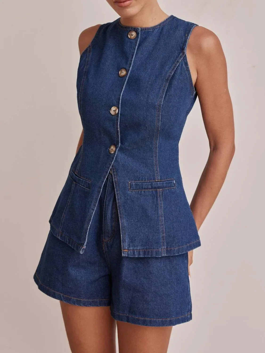Button Down Vest and Shorts Denim Set - tif-shop24.de
