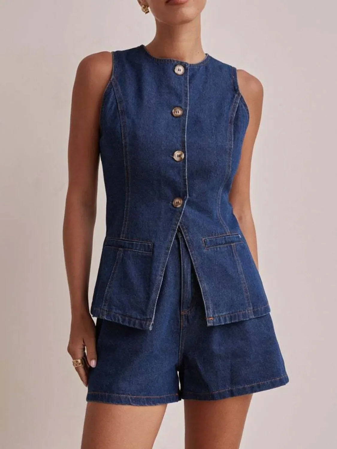 Button Down Vest and Shorts Denim Set - tif-shop24.de