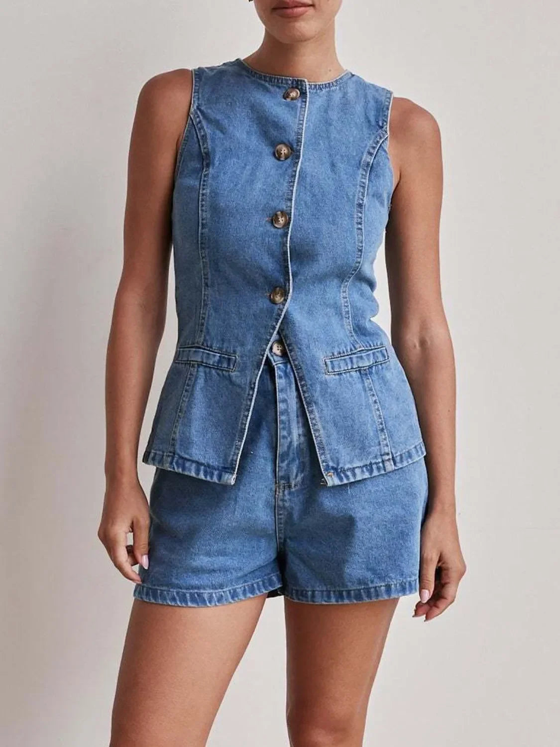 Button Down Vest and Shorts Denim Set - tif-shop24.de